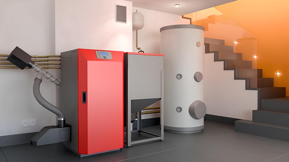 Moderne Pelletheizung mit Vorratsbehälter und Pufferspeicher in einem sauber gefliesten Heizungsraum.